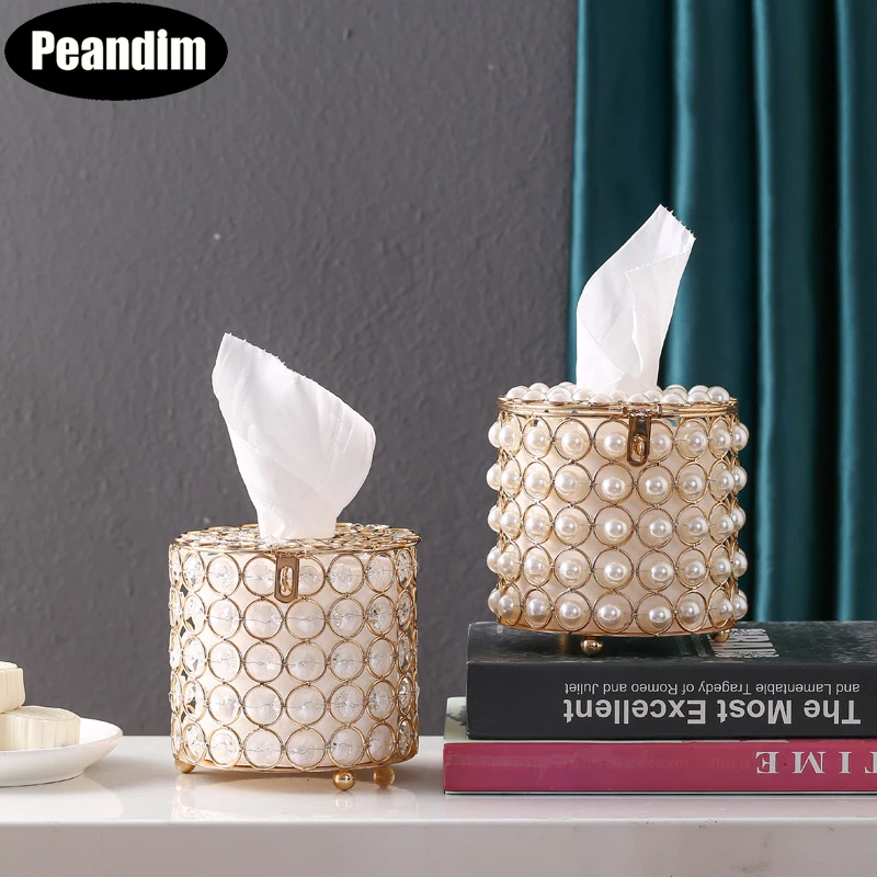 

PEANDIM Nordic Crystal Pearl Tissue Box Office Organizer Dressing Table Storage Box Home Desktop Cylinder Napkin Container