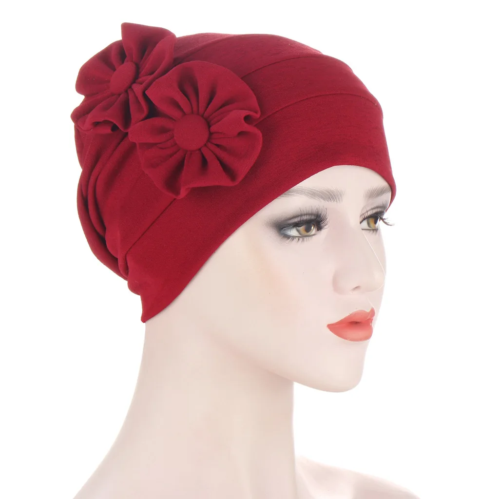 

Two Flower Turban Cap High Elasticity Hat Soft Head Decoration Headwear Ethnic Turban Women Stretch Muslim Headscarf Bonnet