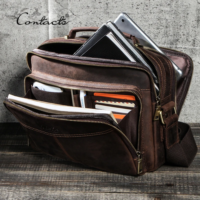 CONTACT'S 100% Genuine Leather Crossbody Bags for Men Casual Business Male Messenger Bag Brand High Quality Tote Handbags Bolsas
