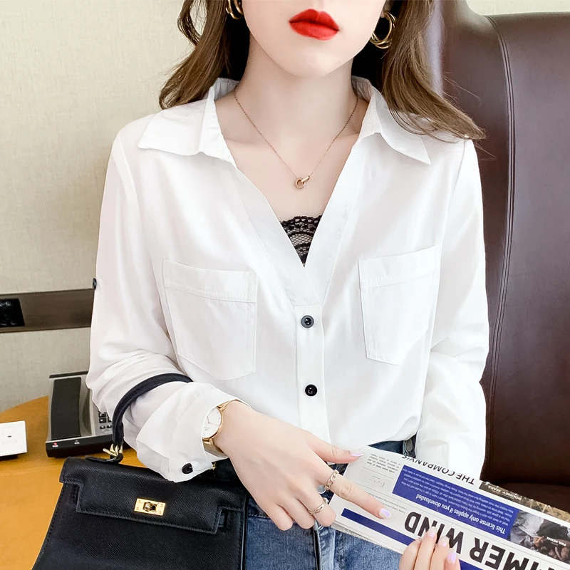 

Spring and Autumn Women's Blouses New Top Long Sleeve POLO Collar Shirt Fashion Pure Color Stitching Casual Loose Girl Chiffon
