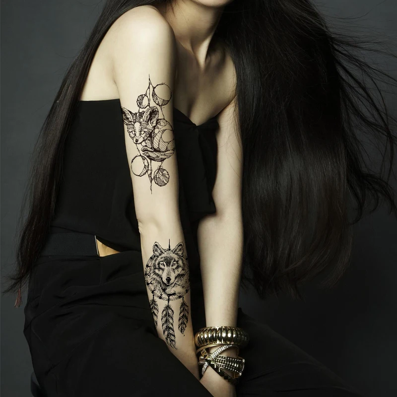 Half Flower Arm Waterproof Temporary Tattoo Sticker Abstract Mouse Moon Lotus Skull Snake Body Makeup for Men Women Tatto | Красота и