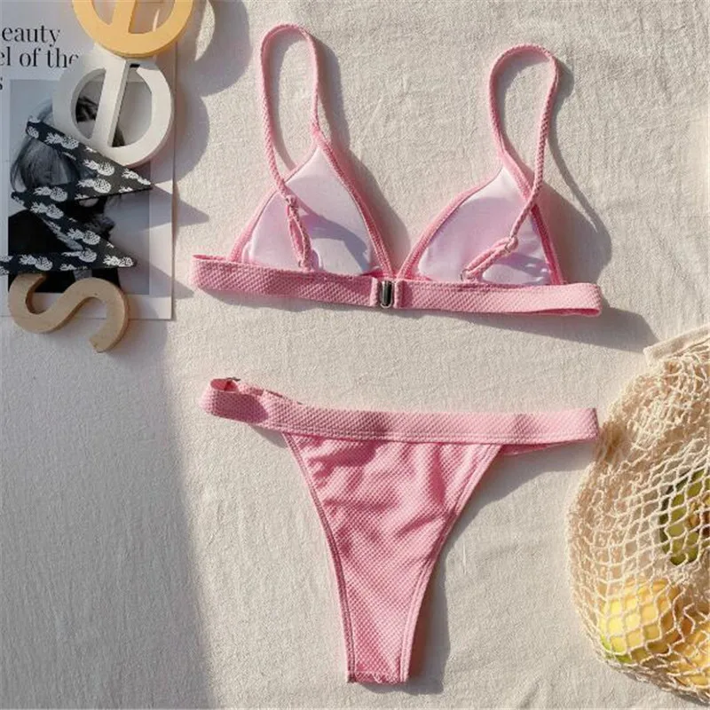 

2021 Sexy Push Up Bikinis Set Pure Colour V Neck Women's Swimsuit High Cut Swimwear Women Triangle Suit Biquini Bathing Suits