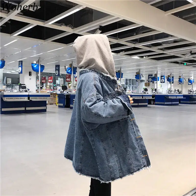 Woherb Весна Harajuku джинсовая ткань оверсайз куртка Корейская Свободная с капюшоном