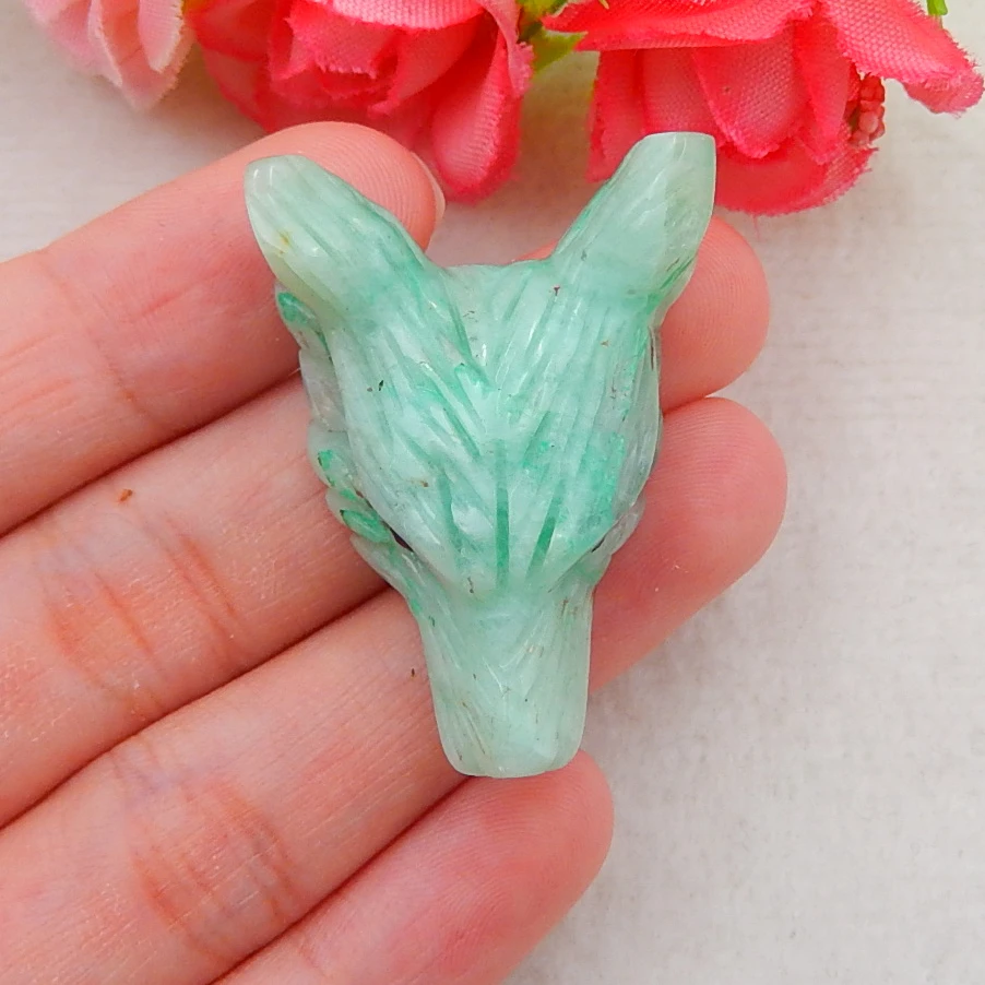 

Hand made Carved Amazonite Wolf Head Pendant Bead Popular jewelry 35x27x13mm11.5g