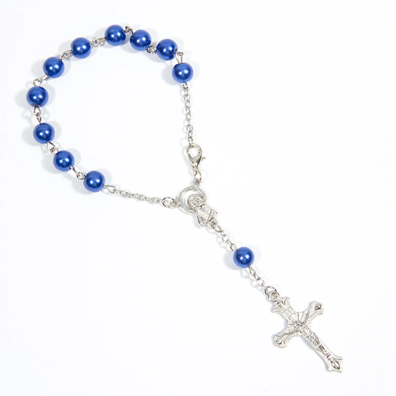 

48pcs/lot Religious Bracelet Pink Glass Pearl Imitation Rosary Children's Communion Baby's Baptism Favors Catholic Mini Rosary