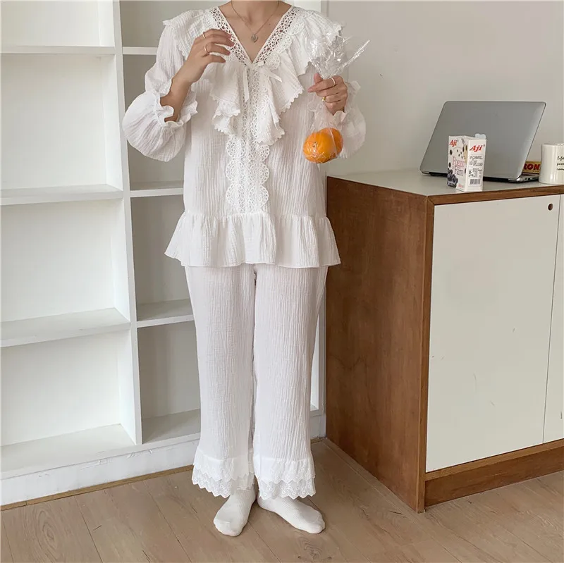 

white lace pajamas crepe cotton double layer gauze sleepwear soft v neck princess home service trouser pants night suit L783