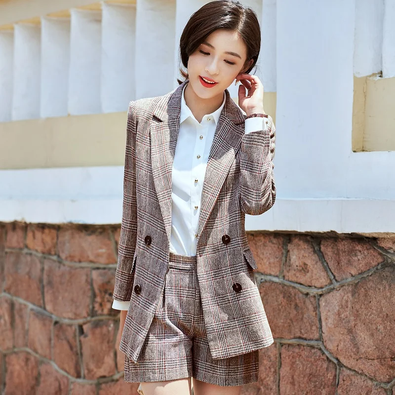 brown jacket shorts Женские костюмы, тонкие летние клетчатые куртки с длинным рукавом и шорты, комплект из 2 предметов, женские брючные костюмы, женские комплекты, костюмы 19926 - Цвет: brown jacket shorts