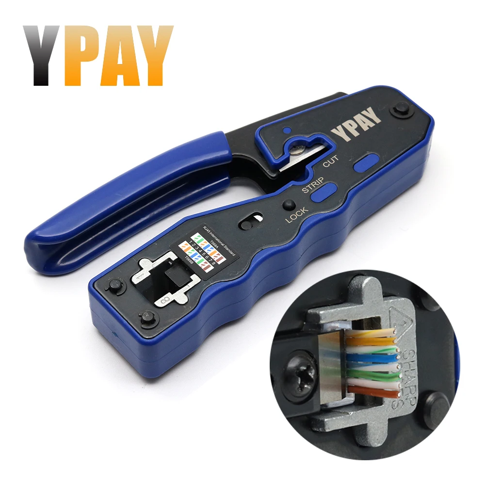 Ypay rj45 ferramentas de rede crimper alicates cat5 cat6 8p rg rj 45 ethernet cabo stripper prensagem pinça fio clipe rg45 lan