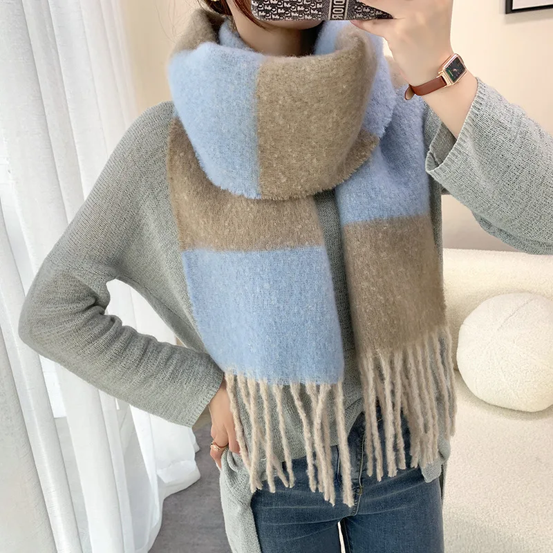 

Fashion Trend Leisure Thick Solid Color Stitching Grid Children Scarf Winter Woman's Neckerchief Warm Luxury Shawl Bandana