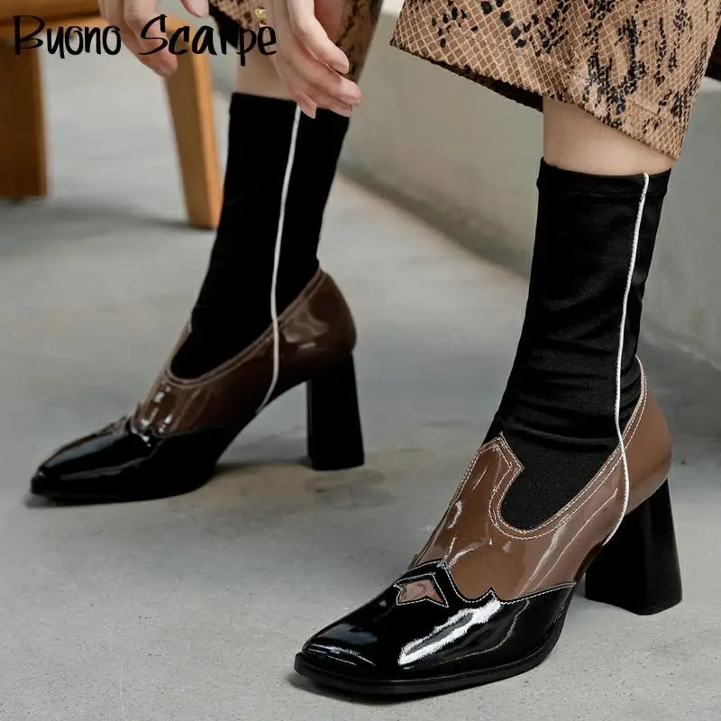 

Genuine Leather Square Toe Ankle Boots Designer Sock Shoes Retro Women Ankle Boots Elastic Stretch Short Booties Chunky Heels