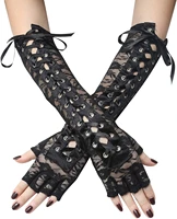 sexy lace tie womens gloves long fashion gothic ribbon rivet half finger ceremonial ball gloves nightclub hip hop long mittens