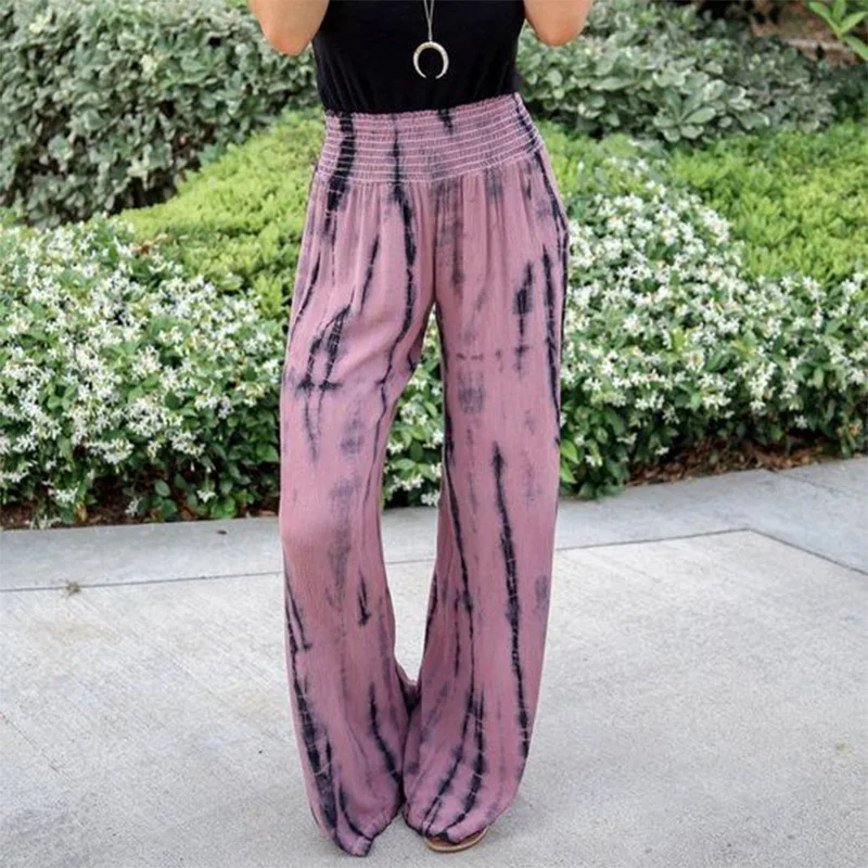 

Pleated Tie Dye Wide Leg Pants Women Summer Vintage Plus Size Beach Holiday Streetwear Casual Loose Ladies Long Trousers
