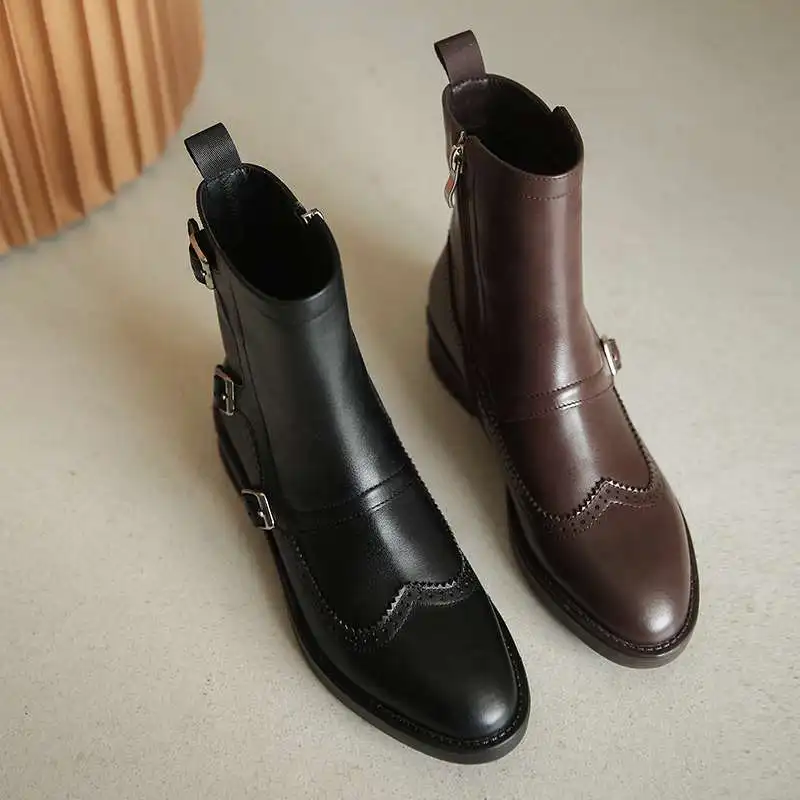 

Vichelo Hot retro wild British style natural leather round toe med heel buckle decoration beauty lady leisure ankle boots L28