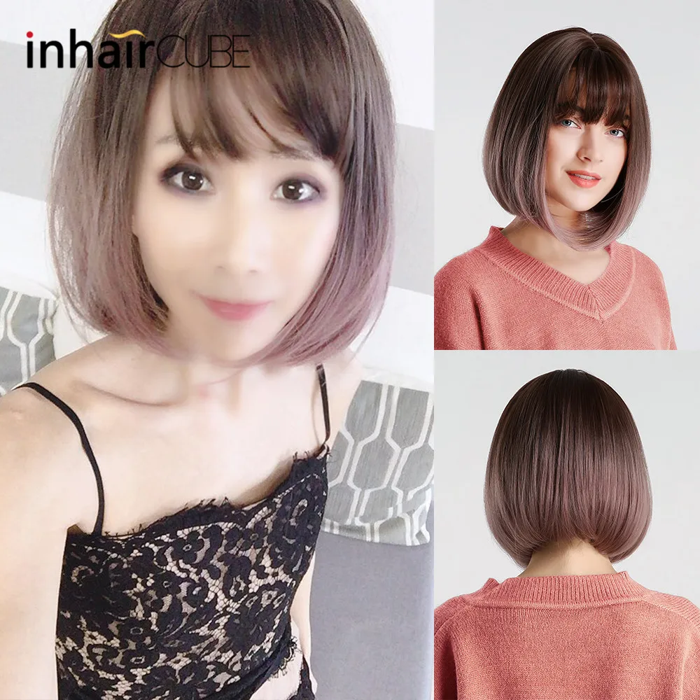 Inhair Cube 10 дюймов Боб Синтетический плоский челка для женщин парик омбре с выделкой короткие прямые волосы парик косплей прическа
