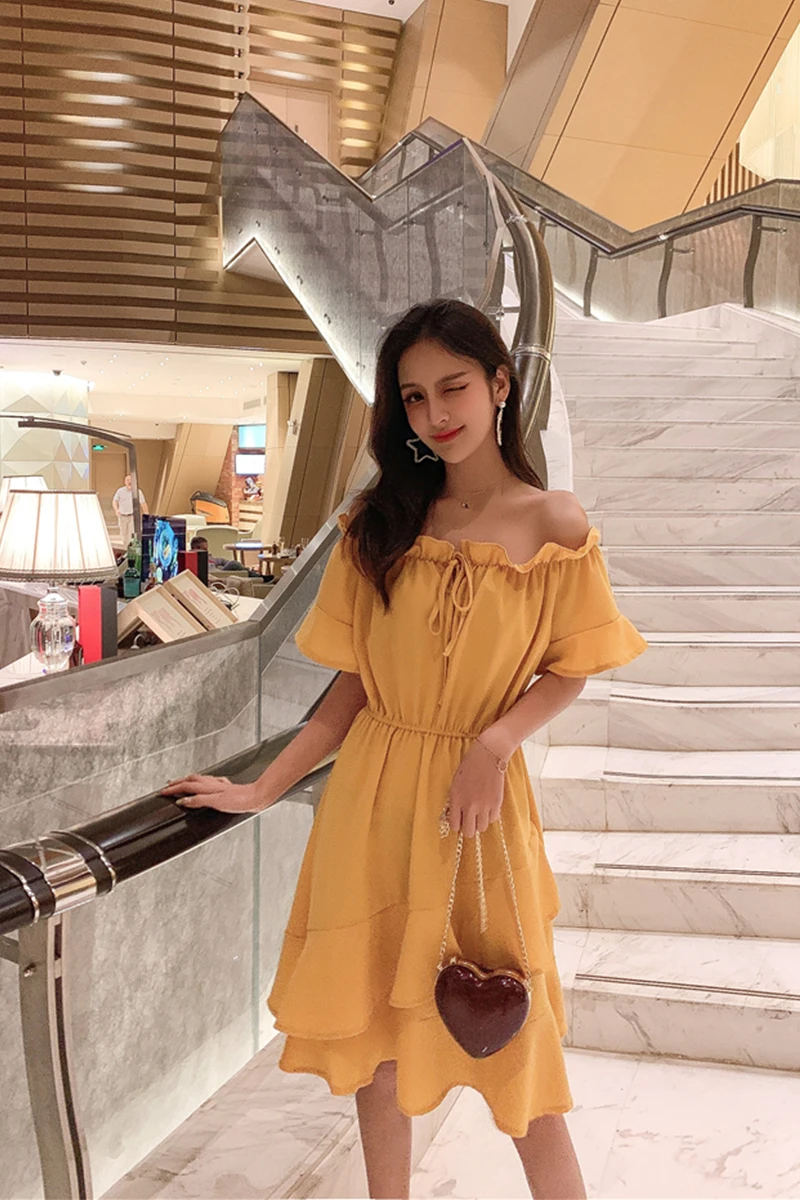 

Stacked Ruffle Dress Women 2021 Spring Summer Korean Fashion Vintage Sexy Off Shoulder Dresses Female Holiday Beach Dress Boho