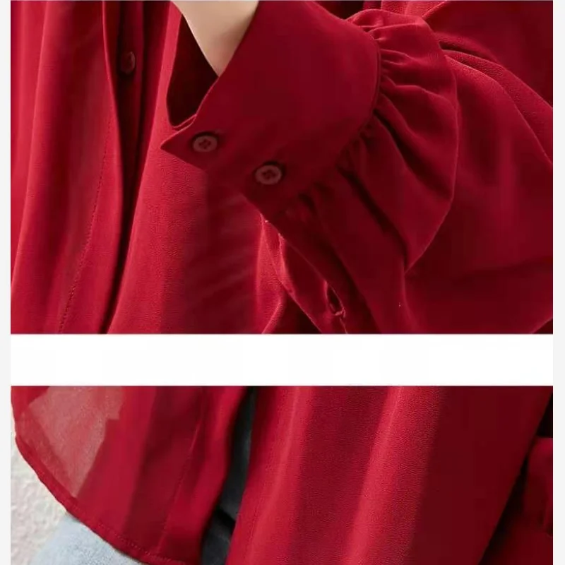 

Women Blouses Office Lady Cotton Tops Red White Blue Full Long Sleeve 2021 Spring Korean Fashion Shirts