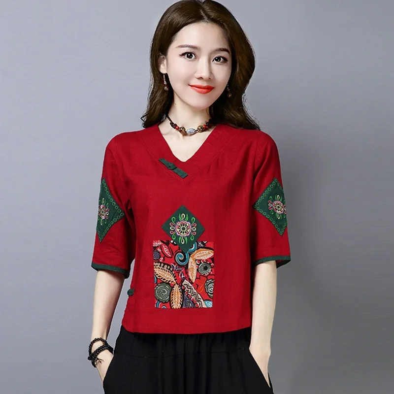 

Summer New Women Tang Shirt Sexy V-neck Tang Suit Embroidery Flower Tang Tops Female Chinese Tops Elegant Shirts M-XXL