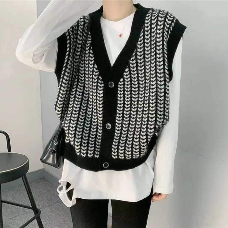Клетчатый однобортный вязаный жилет с V-образным вырезом для женщин повседневный