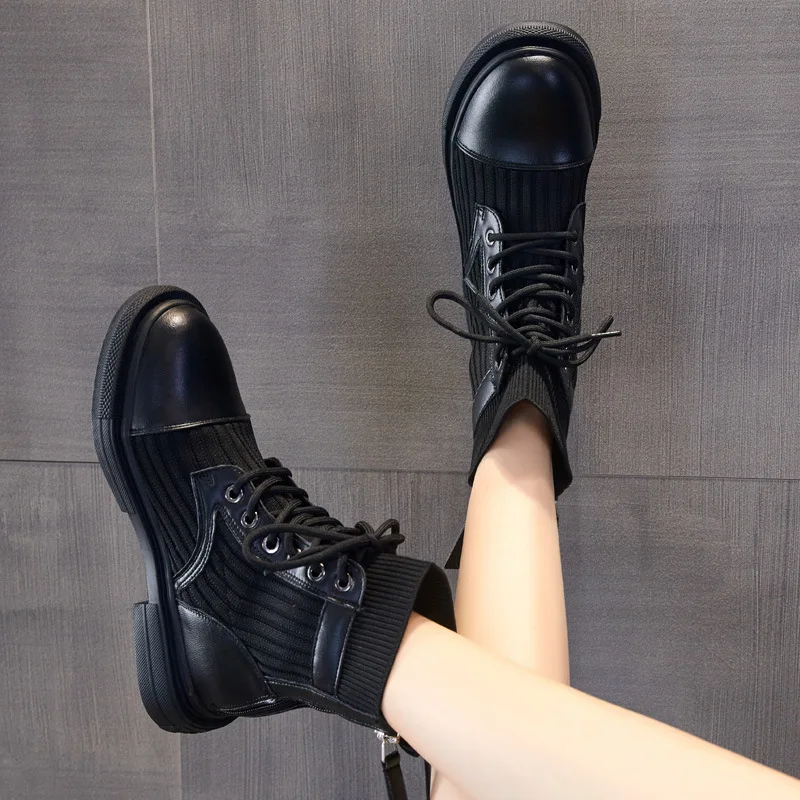 

2020 new fashion genuine leather sock shoes Motorcycle boots women breathable back zip ankle Cotton Fabric Spring/Autumn black