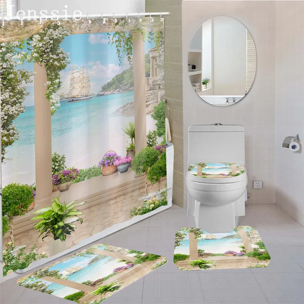 

Landscape Printing Bathroom Curtain Waterproof Shower Curtains 4-Piece Set Non-Slip Polyester Carpet Toilet Cover U Bath Mat