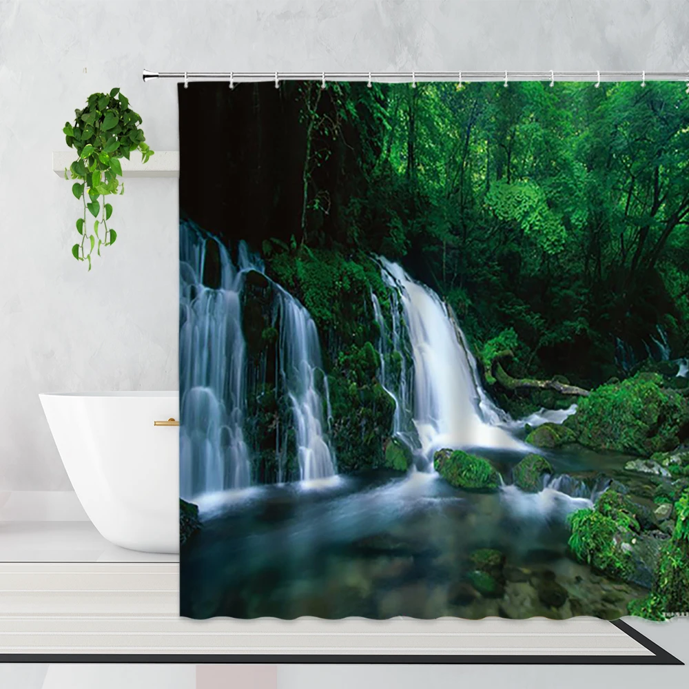 

Лесной водопад, занавеска для душа с природным ландшафтом, летний Зеленый пейзаж джунглей, декор для ванной комнаты, водонепроницаемая зана...
