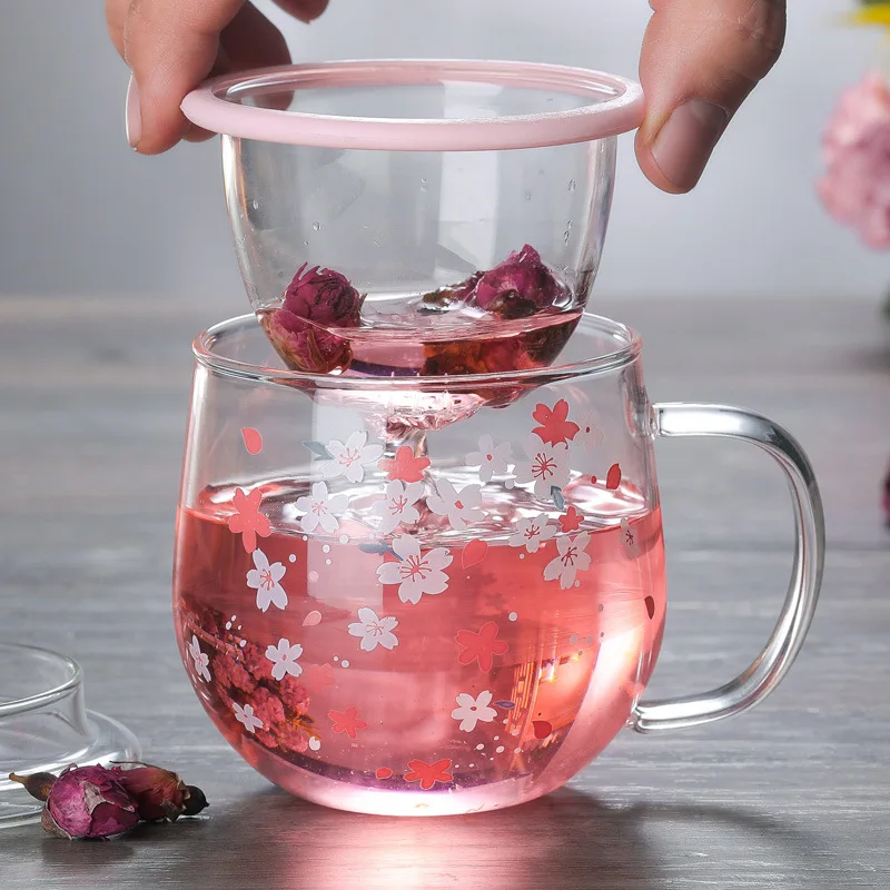 300ml Japanese Glass Cup With Tea Infuser Filter&Lid Cherry Blossoms  Flower Teacup Transparent Heat Resistant Drinking Glasses