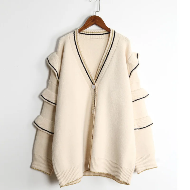 HF1973 Beige H. SA зима свитер кардиганы для женщин с оборками рукав однобортный модная одежда зимняя длинная куртка пальто Mujer - Цвет: HF1973 Beige