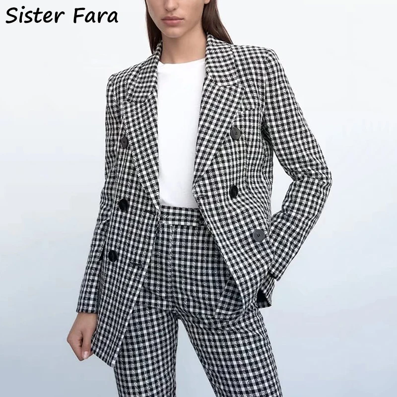 

Sister Fara Spring Autumn Black White Plaid Blazer Women's Double Breasted Slim Blazer Jacket Coat Ladies Notched Casual Blazers