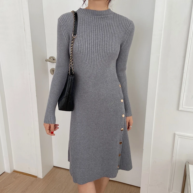 

Autumn New Fashion Women Sweater Dress O-Neck Long Sleeve A-Line Knitted Solid Vestidos Femme