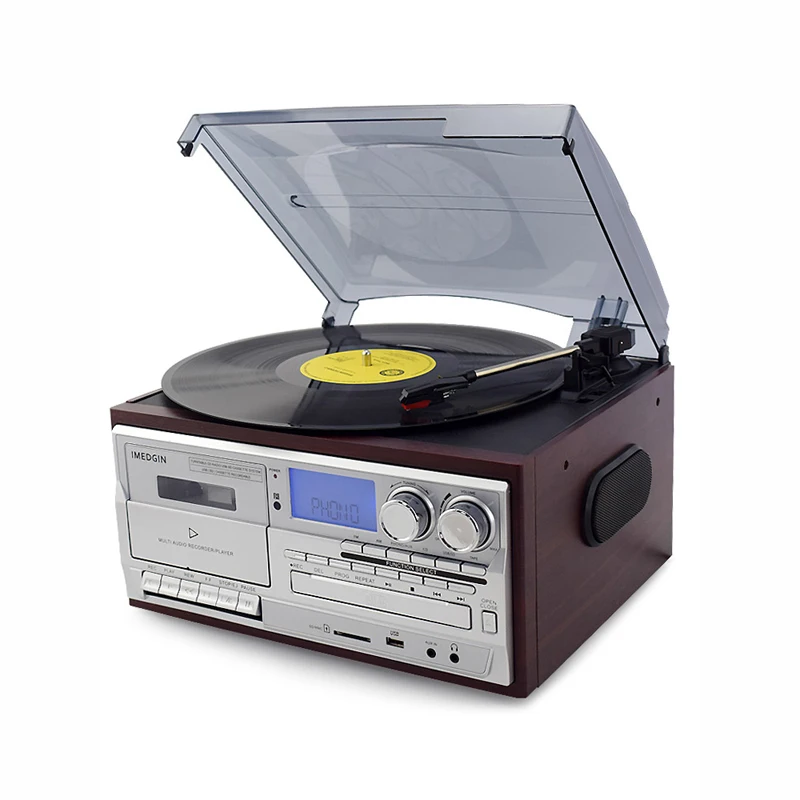 

3 Speed Bluetooth Vinyl Record Player Vintage Turntable CD&Cassette Player AM/FM Radio USB Recorder Aux-in RCA Line-out