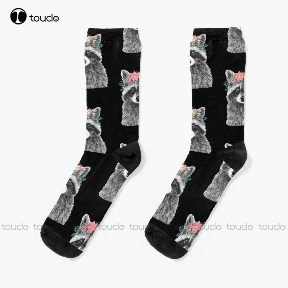 

Raccoon Floral Crown Flowers Funny Cute Animal Raccoon Gift Socks Mens Novelty Socks Personalized Custom Unisex Adult Socks