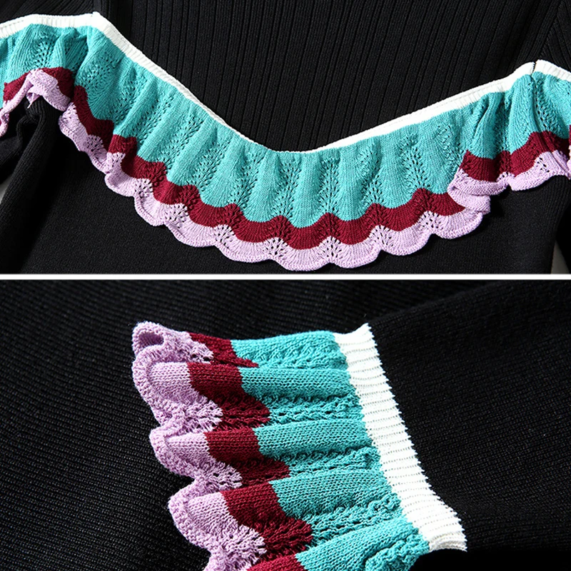 

2020 Autumn Winter Sweater Dress Women Colorful Ruffles Trim A-line Black Knitted Dress Elegant O-neck Flare sleeve Short Dress