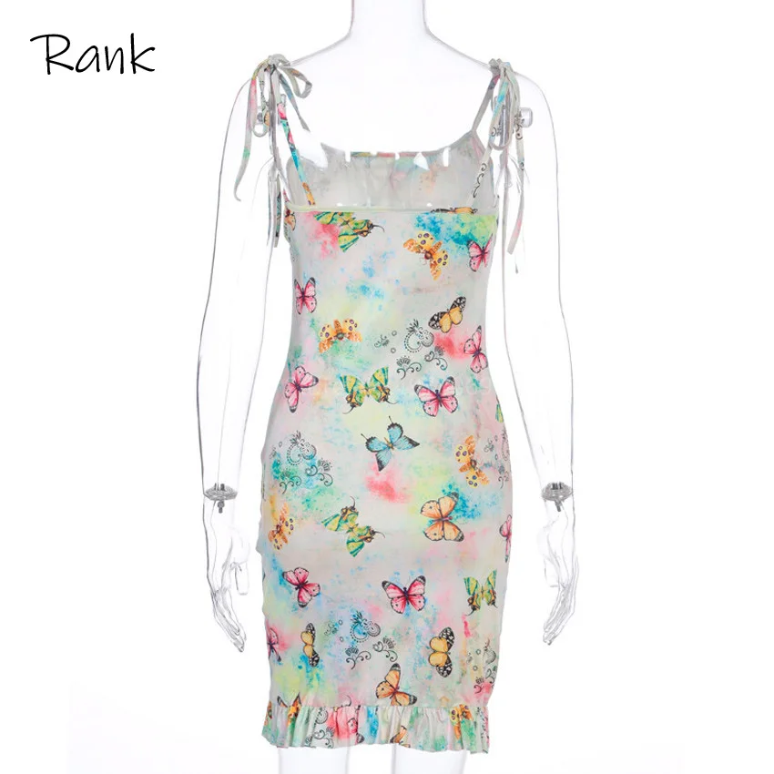 

2020 Sleeveless Butterfly Print Ruffles Bandage Sexy Mini Dress Summer Women Fashion Streetwear Outfits Sundress Bodycon Dresses