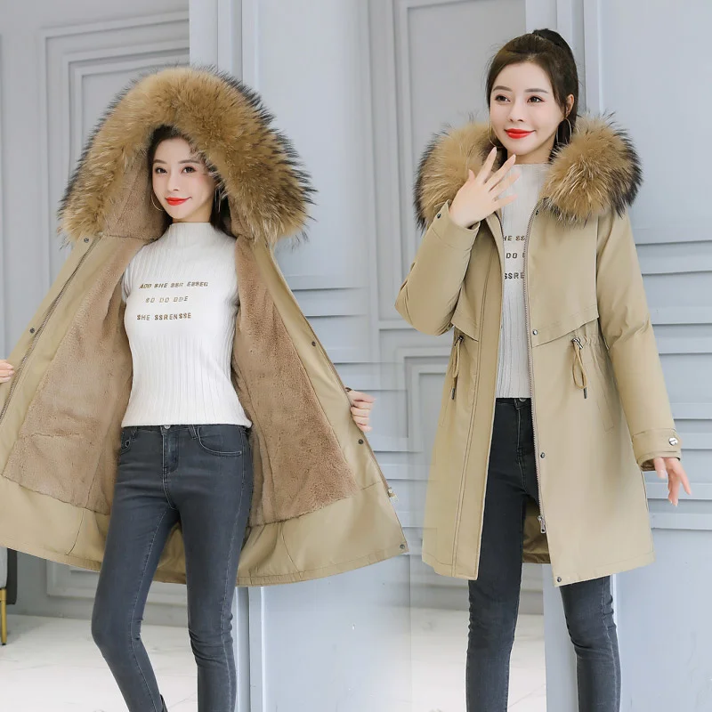 

Cotton Hooded Women's Winter Clothes Thickened 2021 Plush Medium Long Loose Korean Fashion Big Fur Collar Manteau Femme Hiver