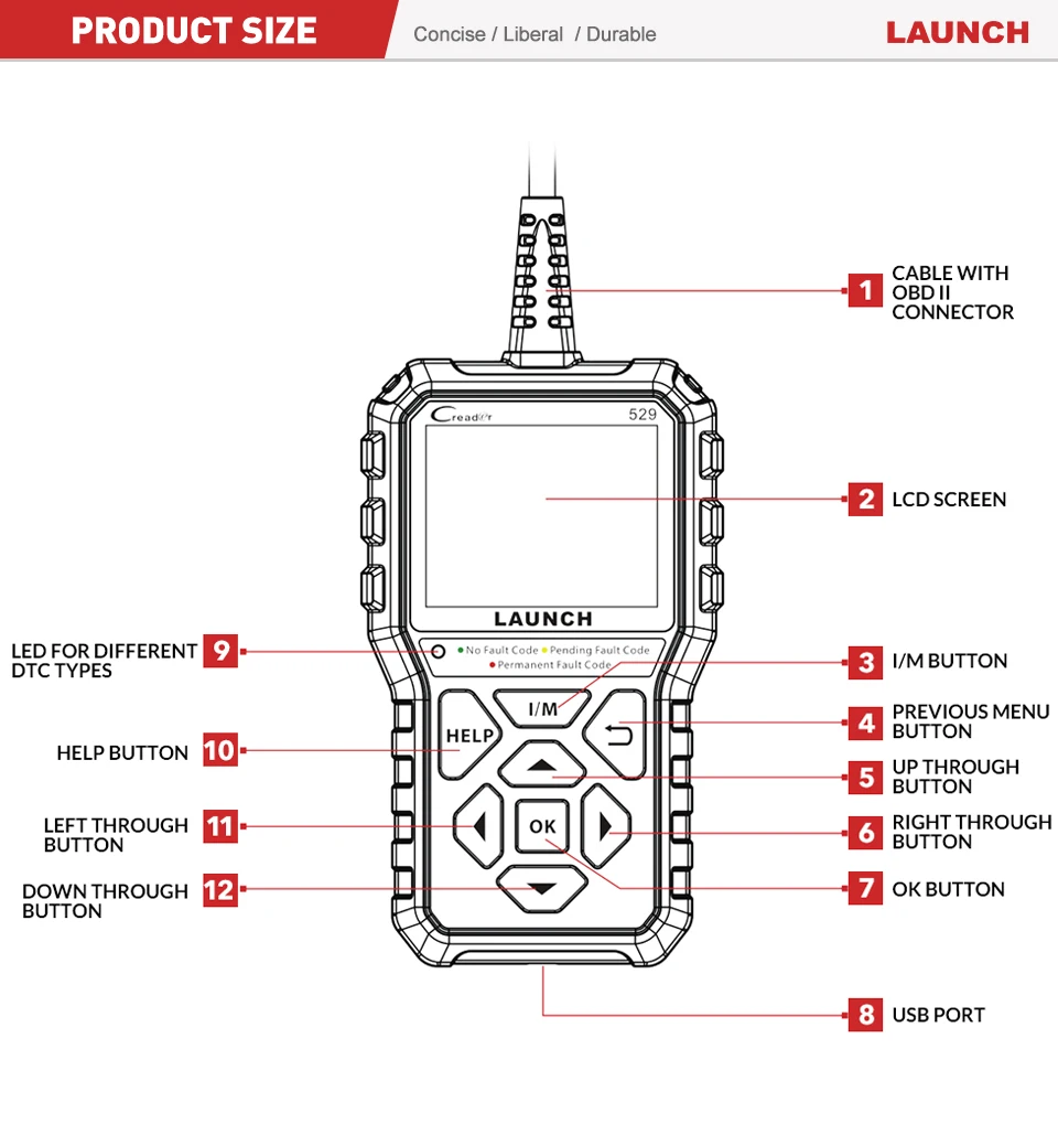 Launch CR529 OBD OBD2 OBDII EOBD сканер диагностический инструмент автомобильный полный
