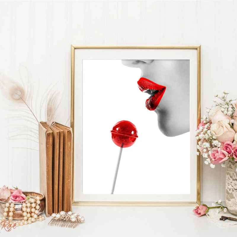 Женское лицо красные губы настенные художественные плакаты на холсте принты