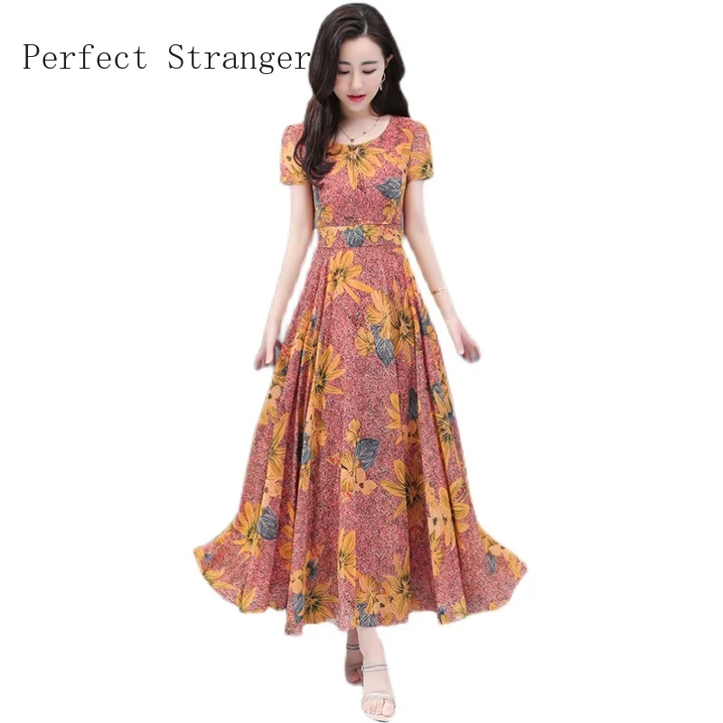 

M-3XL 2021 Summer New Arrival Hot Sale Short Sleeve Round Collar Flower Printed Women Chiffon Long Dress
