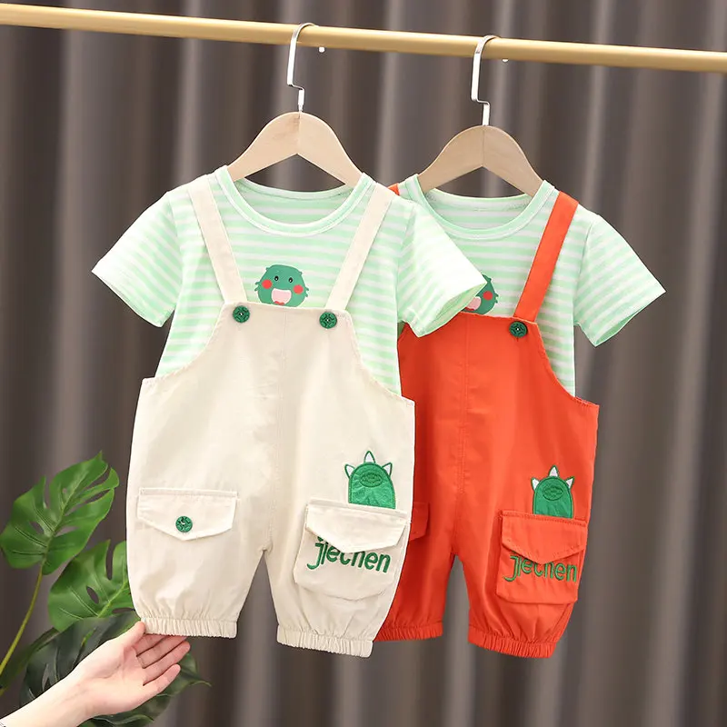 

New Summer Infant Clothes Baby Girls Boys Cotton T Shirt Cartoon Dinosaur Bib Pants 2Psc/Sets Children Kids Suits 1 2 3 4 5 Year