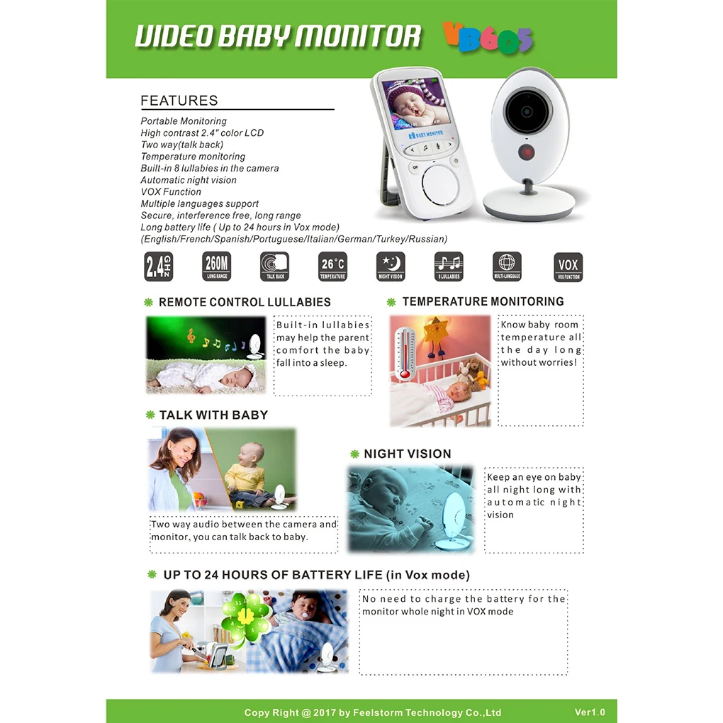 

VB605 2.4 Inch LCD Wireless Baby Security Camera Audio Video Nanny Music Intercom Night Vision Infant Surveillance Cam