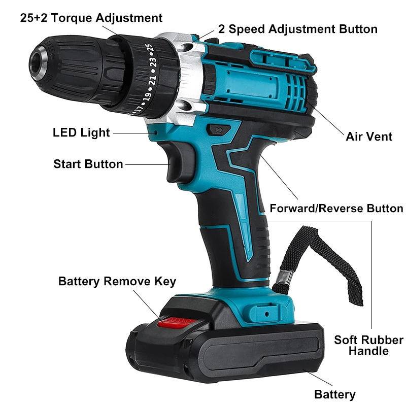 

48V Electric Impact Drill Cordless Electric Impact Screwdriver Cordless Drill Power Tools With 1/2 Lithium Battery With Light