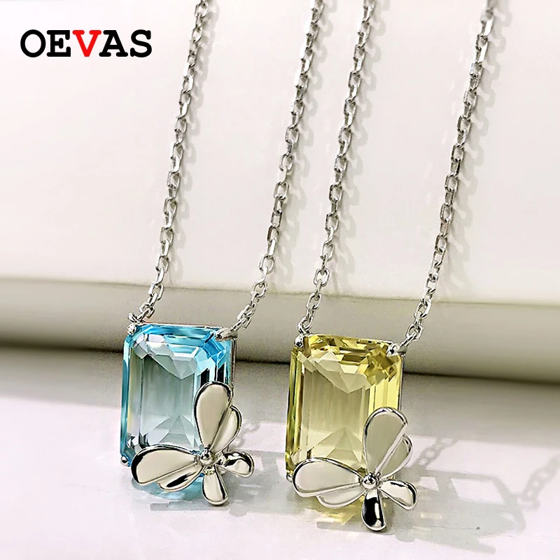 

OEVAS 100% 925 Sterling Silver Yellow Blue Zircon Simple Butterfly Pendant Necklace For Women Sparkling Party Fine Jewelry Gifts