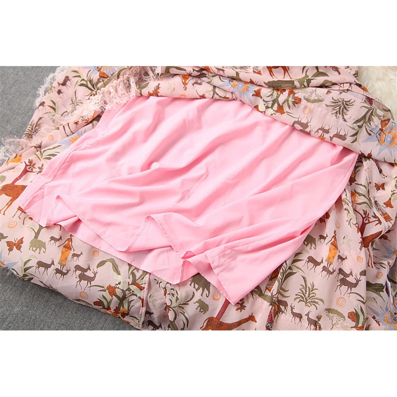 

Runway Designers Fashion Women Spring 2020 Elegant Lace Patchwork Floral Print Mid Calf Beach Bohemian Chiffon Dress