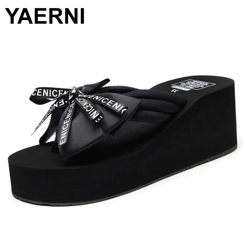 

YAERNI Women Flip Flops Summer Fashion Solid Color Bow Wedge Sandals Outdoor Slipper Beach Shoes For Woman Platform Shoes