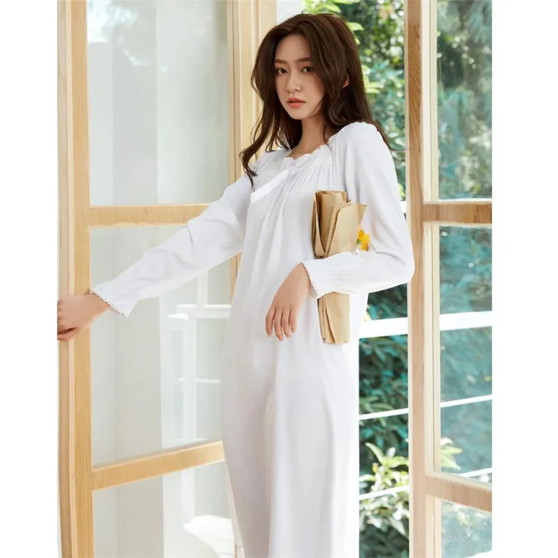 

Spring Autumn New Women Long Nightdress Cotton Silk Woven Sleepwear Square Collar Lace Ruffled Super Soft Princess Nightgown