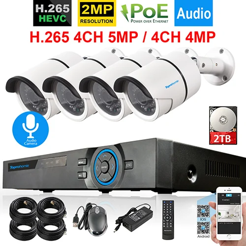 4CH NVR x 4 Camera TOPROHOIME H.265+ 8CH 5MP POE NVR CCTV система 2MP 1080P безопасности наружная аудио запись звука ip-камера 8CH комплект видеонаблюдения - Цвет: 4CH NVR x 4 Camera