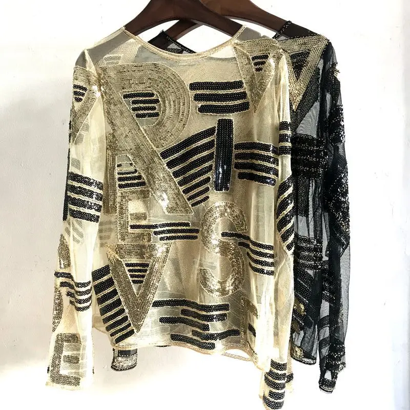Осенняя Сексуальная женская блузка с блестками и длинным рукавом женские