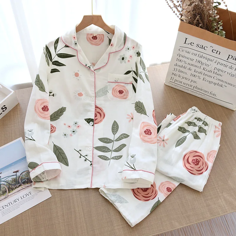 South Korea Summer Hot Selling Fresh Flowers Ladies Long Sleeve Pajamas Set Cotton Gauze Casual And Comfortable Women Pajamas