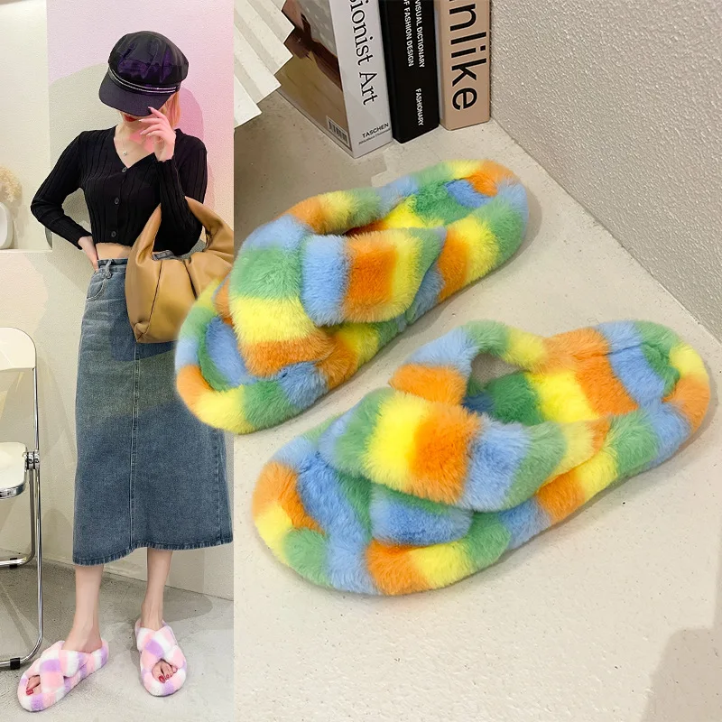 

Flat Shoes Female Ladies' Slippers Platform Low Fur Flip Flops Big Size Flock Plush Rome Slides Basic Rubber Fabric Hoof Heels