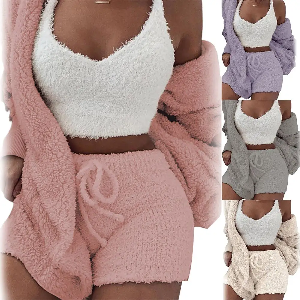 

3pcs Set Fluffy Plush Warm Hood Cardigan Coat Shorts Crop Top Women Vest Cardigan Tracksuit Outfit