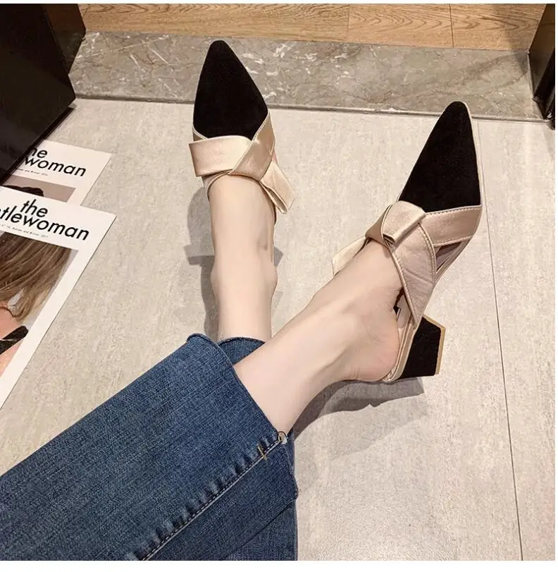 2021 summer new mid-heel bowknot ladies slippers pointed high heels slippers ladies fashion women's shoes